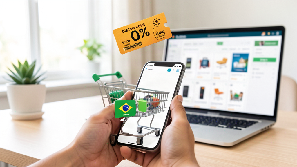 Cupom de desconto para loja virtual com código promocional e carrinho de compras