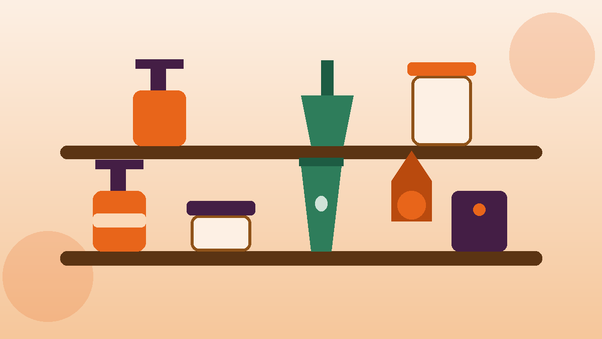 Descrição de produto para cosméticos: prateleira com frascos, potes e embalagens de beleza