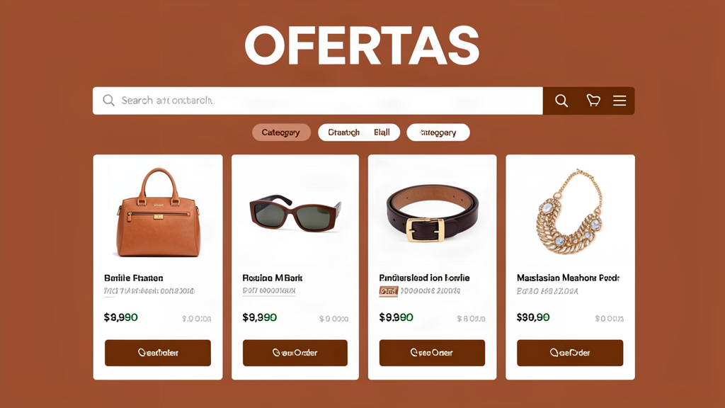 Vitrine de loja virtual de acessórios com bolsas e bijuterias em destaque
