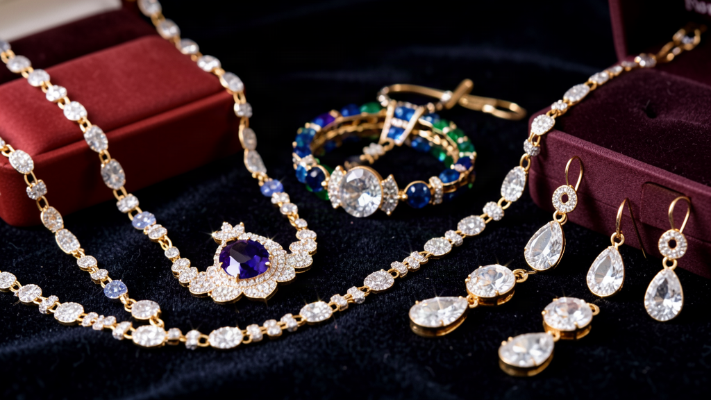 Loja virtual de bijuterias com colares, brincos e pulseiras em exposição elegante