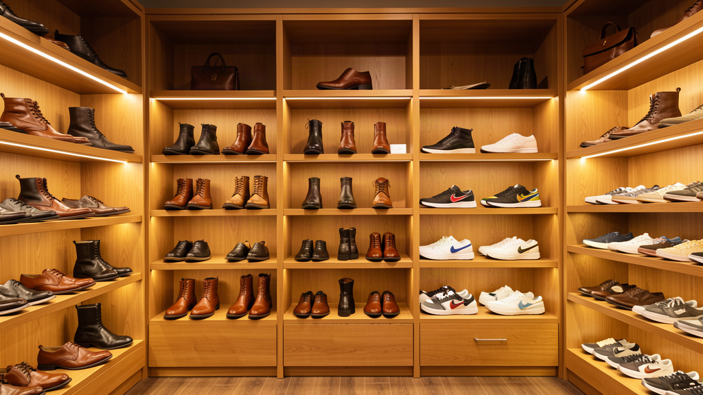 Loja virtual de calçados masculinos com tênis e sapatos em vitrine organizada