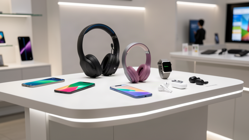 Loja virtual de eletrônicos com fones, caixas de som e acessórios em vitrine