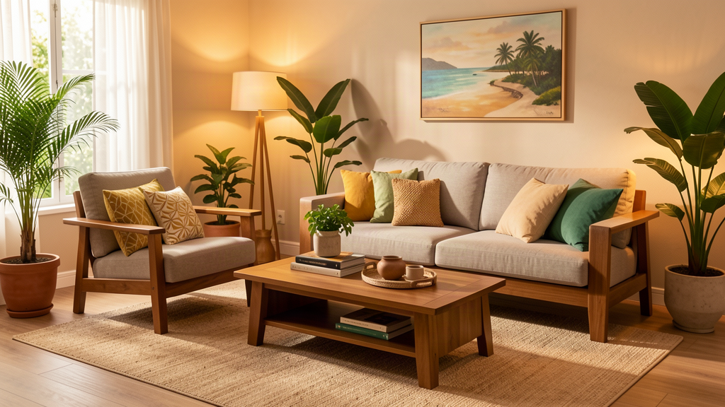 Loja virtual de móveis com sofá e mesa em ambiente decorado