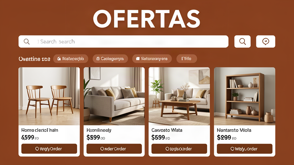 Vitrine de loja virtual de móveis com ambiente decorado em tons terracota