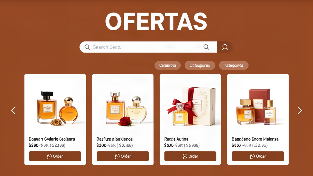 Loja virtual de perfumes com vitrine de frascos e kits presenteáveis