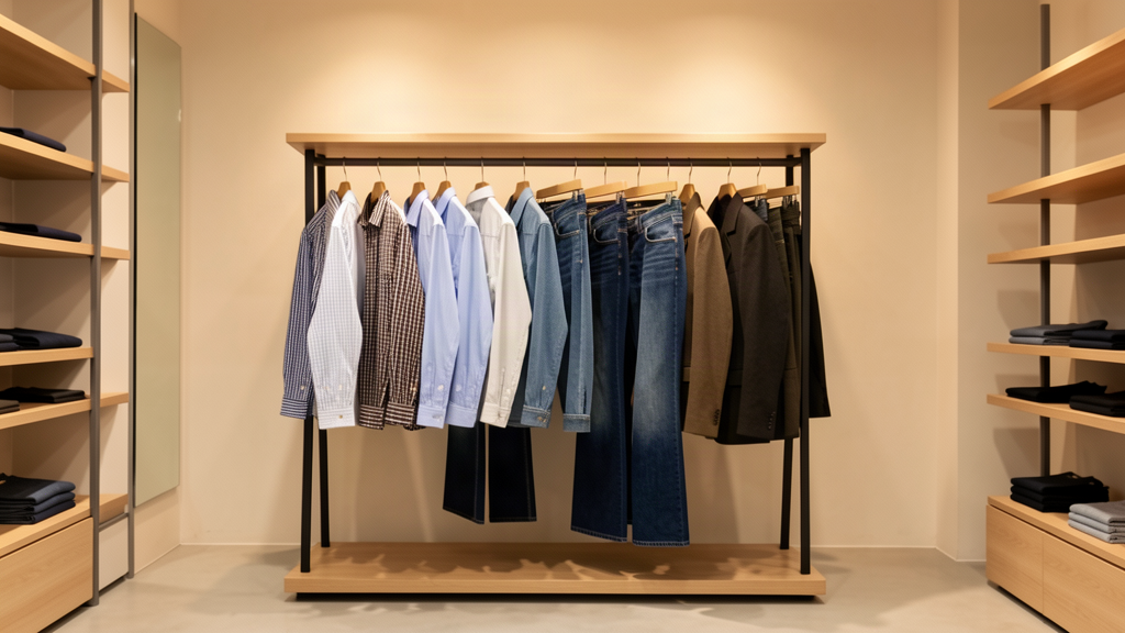 Loja virtual de roupas masculinas com camisetas, jeans e moletons em vitrine organizada