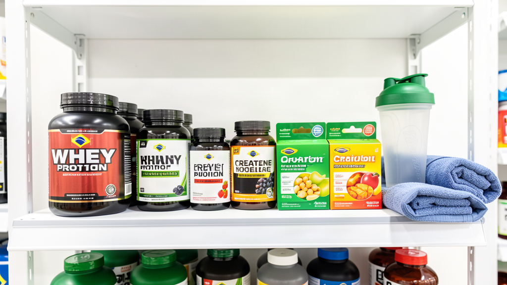 Loja virtual de suplementos com potes de whey e creatina em vitrine organizada