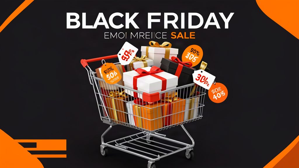 Ofertas black friday em loja virtual com etiquetas de desconto e sacolas de compras ao fundo