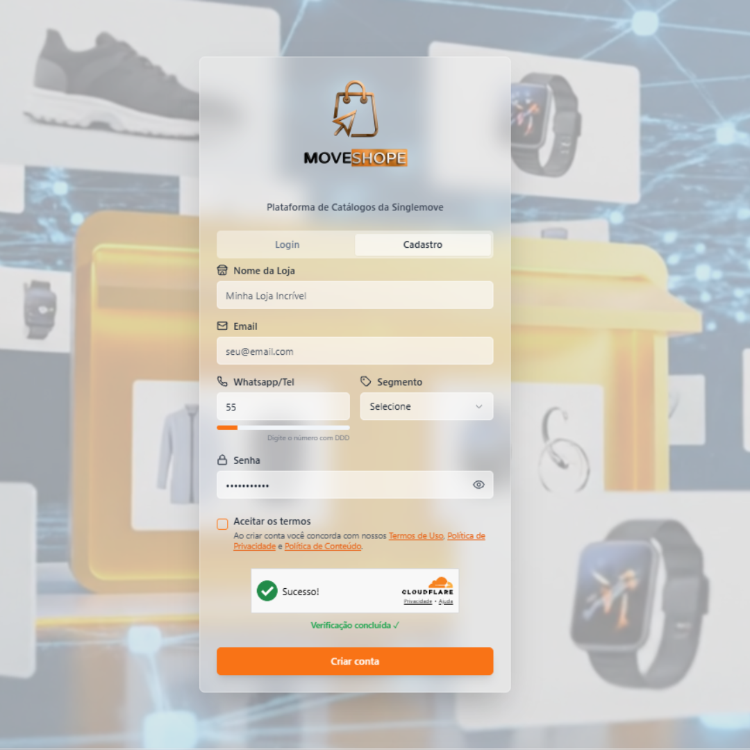 Cadastro rápido da loja virtual de moda praia na plataforma MoveShope